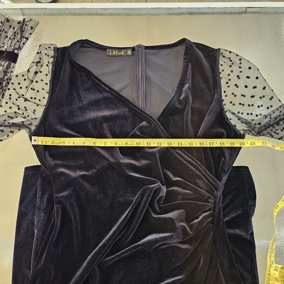 iHot XL Woman's Velvet Elegant Black Dress with Sheer Polka Dot Long Sleeves - Picture 9 of 15